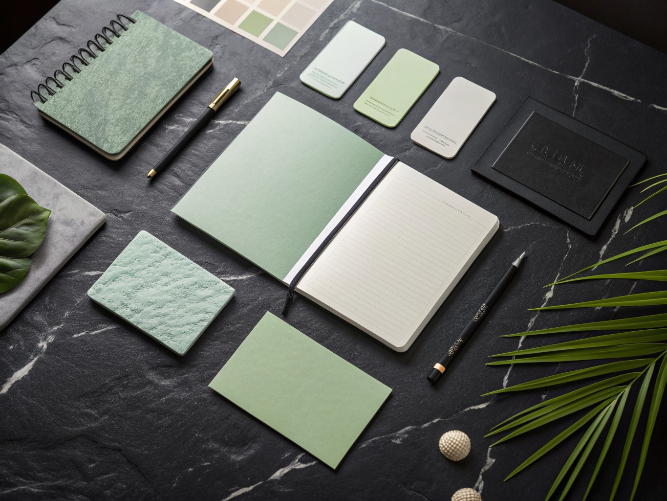 Brand identity collateral laid out on a dark studio table