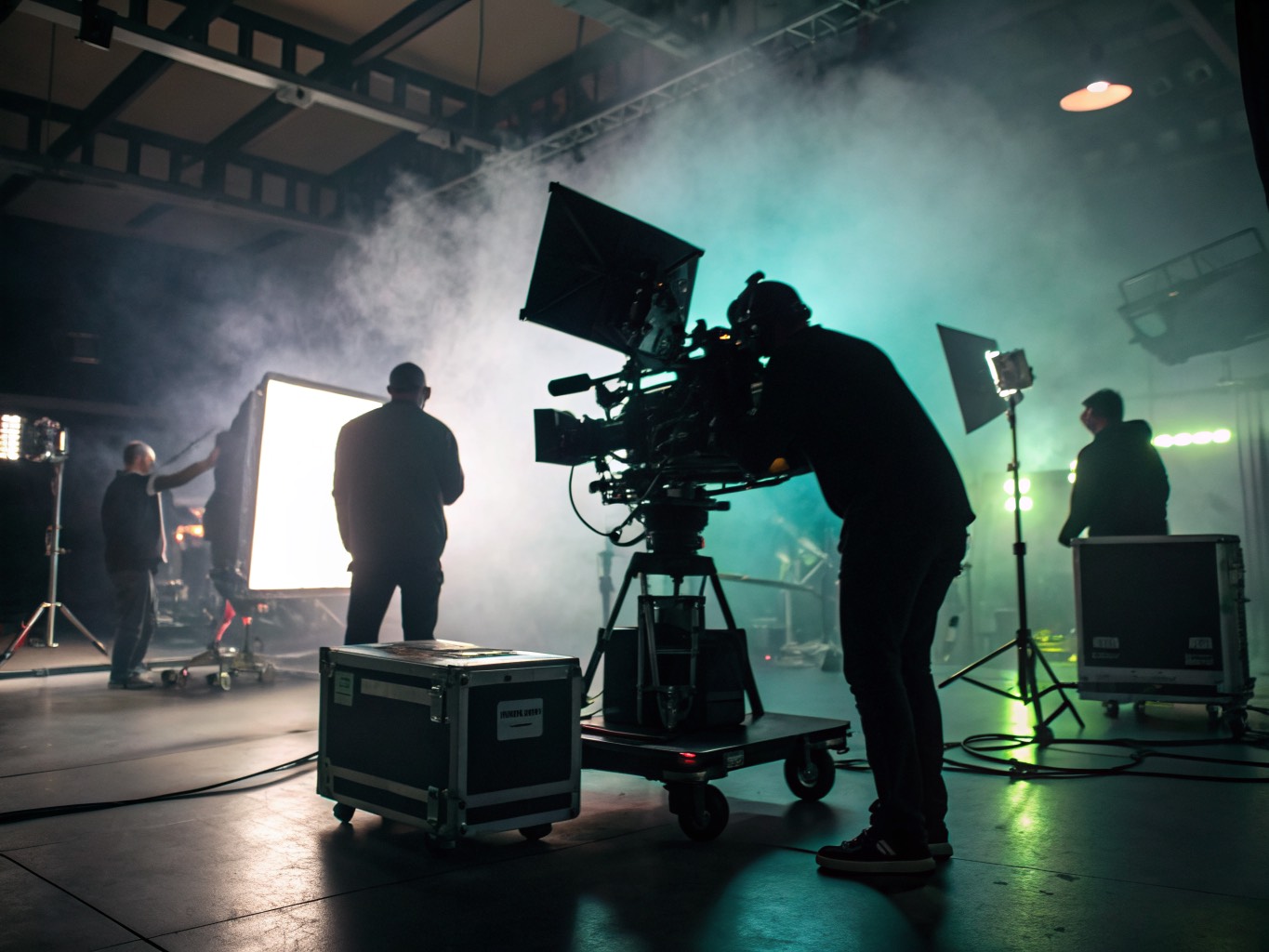 Cinema camera and crew on a commercial film set